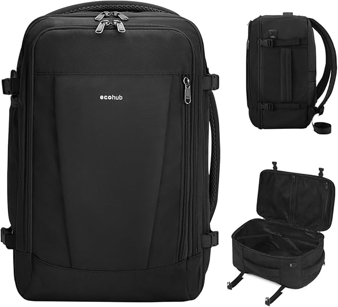 ECOHUB 17'' Small Travel Backpack, United Airlines Personal Item Bag 16.7"x10"x8" with 13 Pockets Carry on Backpack with USB Port Luggage Sleeve Travel Essentials for Men Women Water Resistant, Black