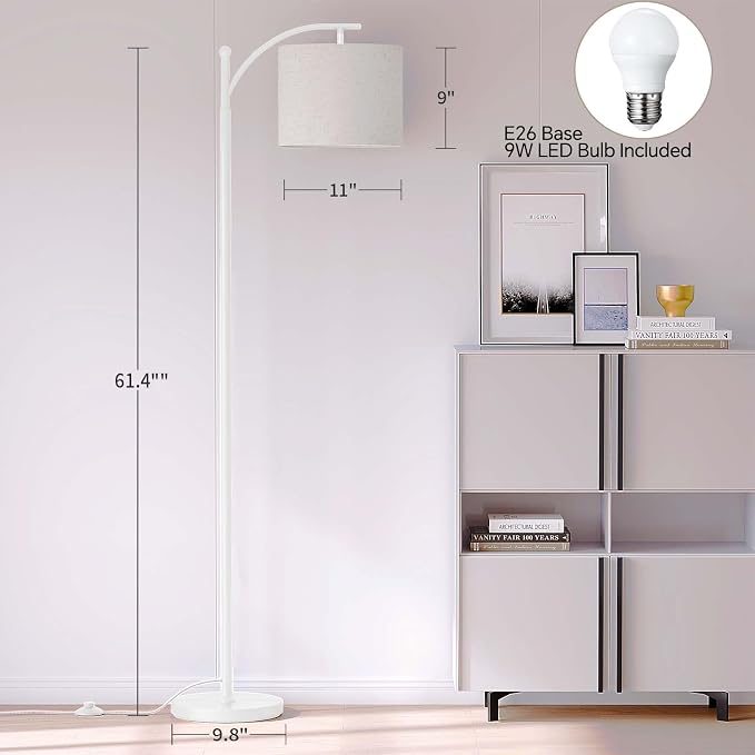 SUNMORY Arc Floor Lamp for Living Room, Modern Tall Standing Lamps, White | 3 Color Temperatures, 9W 800lm LED Bulb, Adjustable Hanging Shade, Foot Switch, Metal Floor Light for Bedroom Office Corner