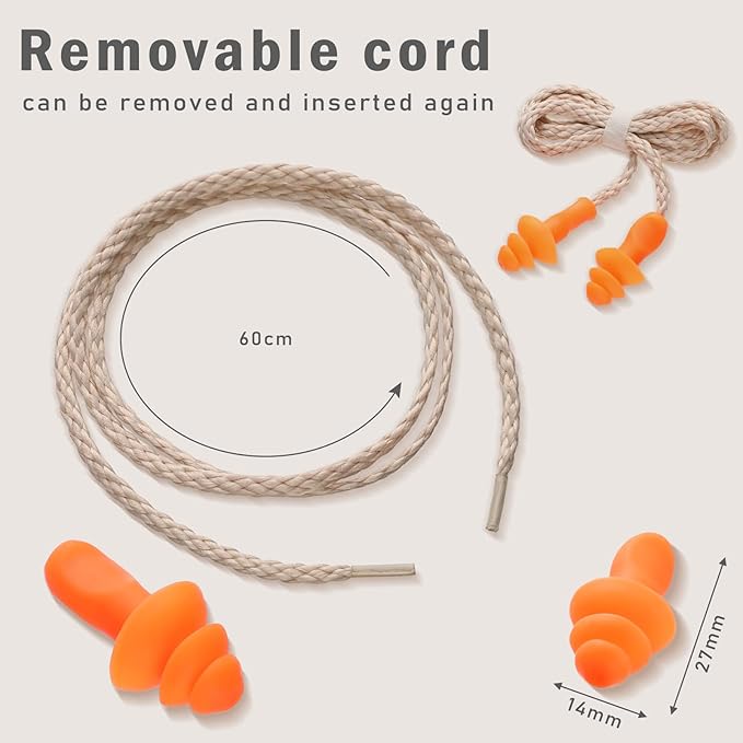 20 Pairs Corded Ear Plugs Reusable Silicone Earplugs with String Banded Ear Plug for Sleeping Noise Cancelling Noise Reduction Hearing Protection(Brown-Orange)