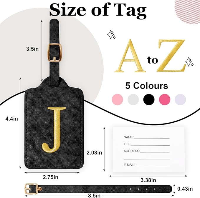 Personalized Initial Luggage Tags for Suitcases,Leather Letter Cute Luggage Tags with Privacy Name Card,Embroidered Monogrammed Travel Bag Backpack Tag Gifts for Women Kids Girls Teens(Black-J)