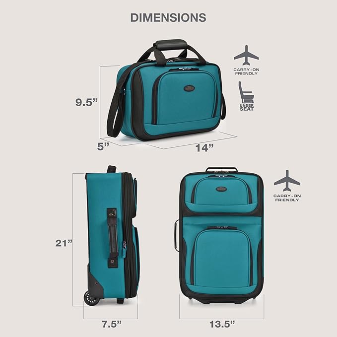 U.S. Traveler Rio Lightweight Softside Rolling Carry-on Suitcase, 2-Wheel Set, Teal