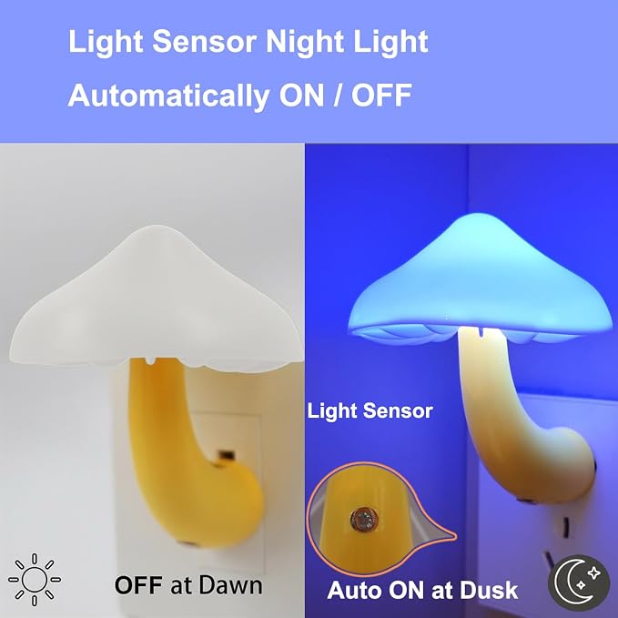 LED Mushroom Night Light Plug in Lamp, Blue Night Lights Plug into Wall, Dusk to Dawn Sensor NightLight for Adults Kids Room Bedroom Bathroom Hallway Kitchen