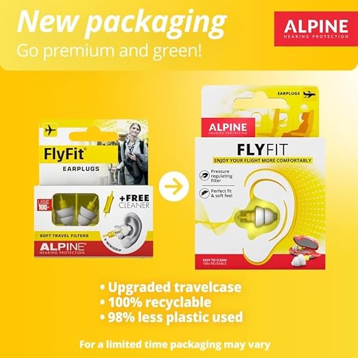 Alpine FlyFit - Earplugs for Pressure Relief & Preventing Ear Pain While Flying - Airplane Travel Essentials - Comfortable Reusable Hypoallergenic Earplugs with Ultra Soft Filter