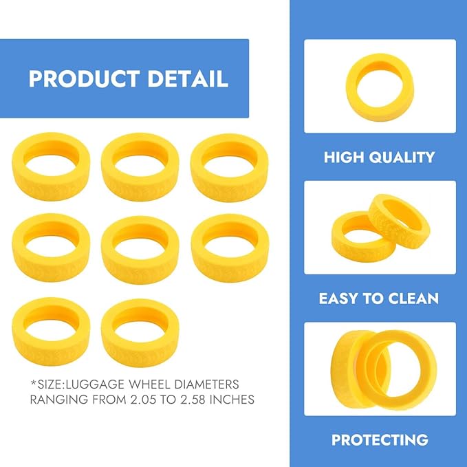 8 Pcs Yellow Luggage Wheel Covers Premium Silicone Protectors 2.1-2.4 Inch Spinner Wheels Wear-Resistant Silent Rolling Durable Protection Fits Most Suitcases & Office Chair Casters