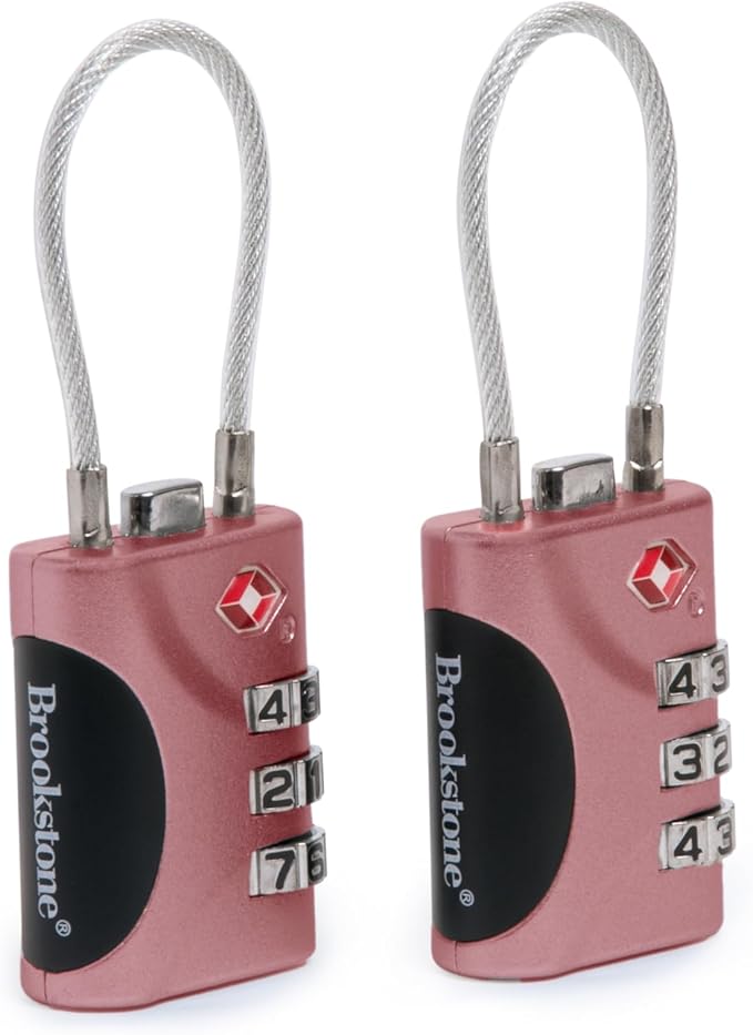 Brookstone Cable Lock - 2 Pack TSA-Approved 3-Digit Keyless Luggage Travel Lock - Resettable Combination Wire Padlock, Lilac Ice