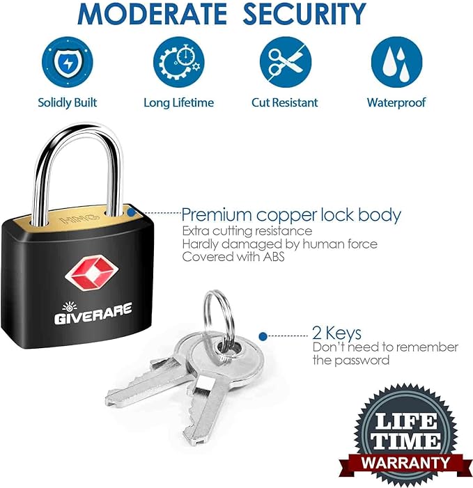 4 Pack TSA Approved Travel Luggage Locks with Keys, Solid Brass Copper Keyed Padlock, ABS Plastic Covered Small Locks for Suitcase, Backpack, Gym Locker, Jewelry Box-by GIVERARE