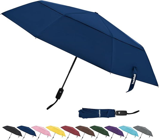 TradMall Travel Umbrella, 42/45 Inches Double Vented Canopy Windproof Automatic Strong Compact Folding Umbrellas for Rain Women and Men