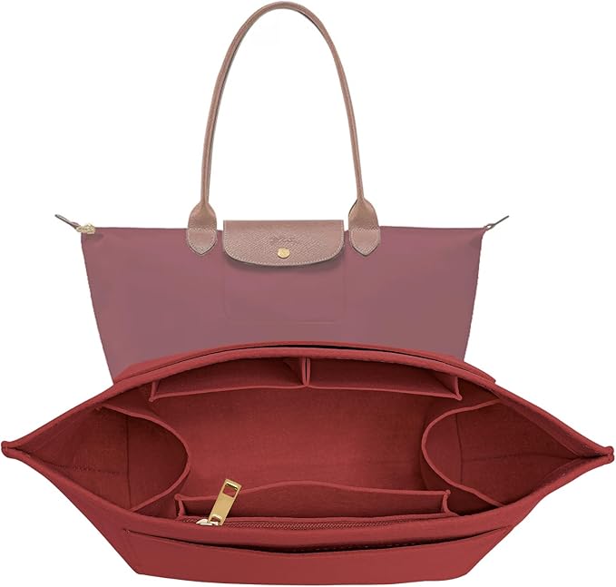 LOUKAYCCI Purse Organizer Insert for Longchamp Le Pliage M Handbag Insert Felt Long Champ Tote Bag Organizer Insert with Cup (BurGundy, Medium)