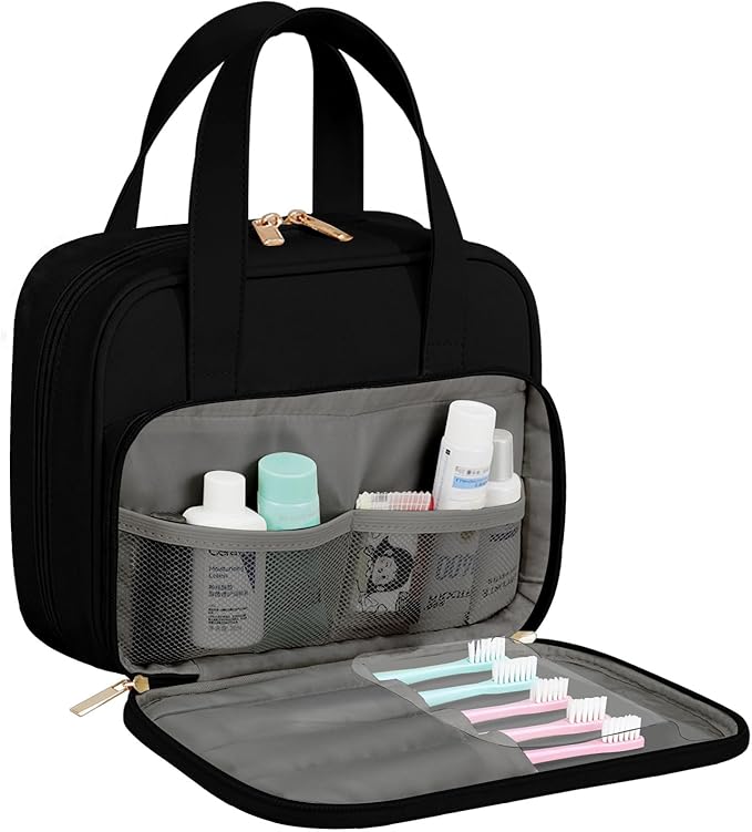 Travel Toiletry Bag, Water-resistant PU Leather Makeup Bag with Multiple Compartments, Large Capacity Makeup Organizer Bag with Handle for Accessories, Essentials, Toiletries, Black