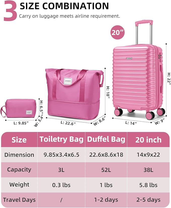 LARVENDER Carry on Luggage 22x14x9 Airline Approved, Expandable 20 Inch Hardside Suitcase with Wheels TSA Lock, PC+ABS Lightweight Carry on Suitcases for Women and Men, Berry (20/DB/TB)