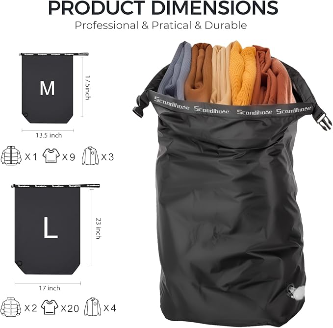 Travel Compression Laundry Bag, Pump-Free Vacuum Space Saver Bag for Dirty Clothes, Reusable Waterproof Wet Dry Bag, Travel Laundry Bag for Luggage, Packing, Suitcase (1 Pcs)（Black, M)