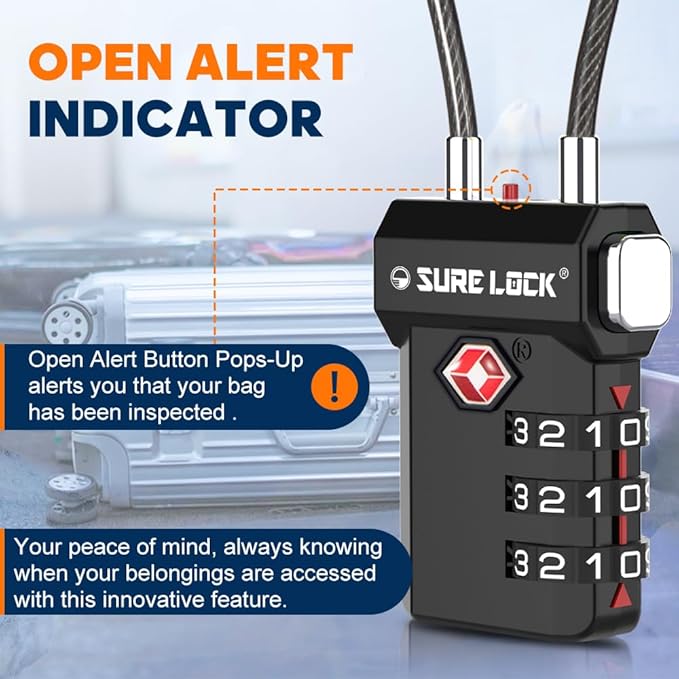SURE LOCK TSA Approved Luggage Locks – 3-Digit Combination Cable Lock with Red Indicator, Large Dial & Easy-Press Button for Suitcases and Backpacks – Multi-Pack & Color Options