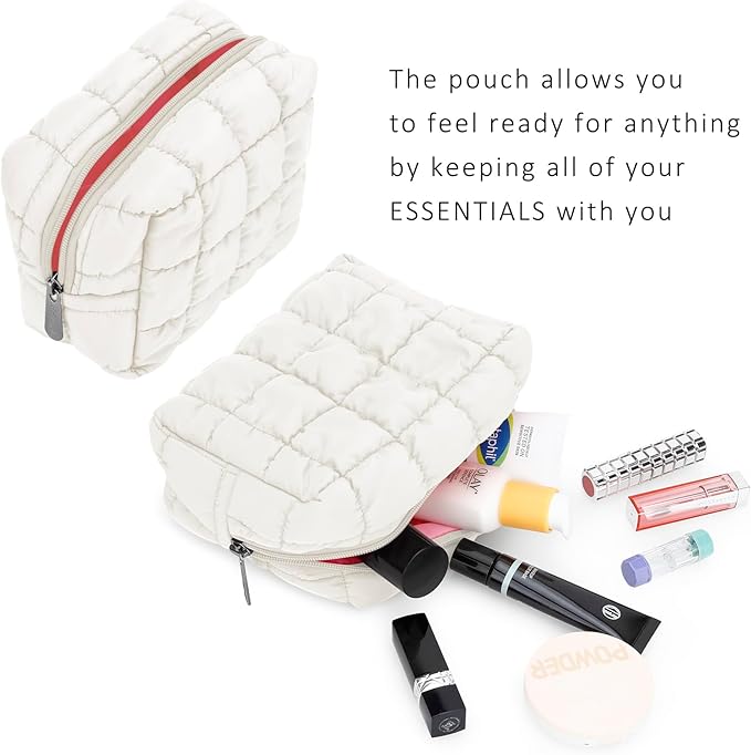 E-Tree Cute Makeup Bag,Quilted Cosmetic Bag,Make up Pouch for Purse,Toiletry Zipper Pouch,Checkered Bag,Travel Case,Storage Pouches for Organization (White)