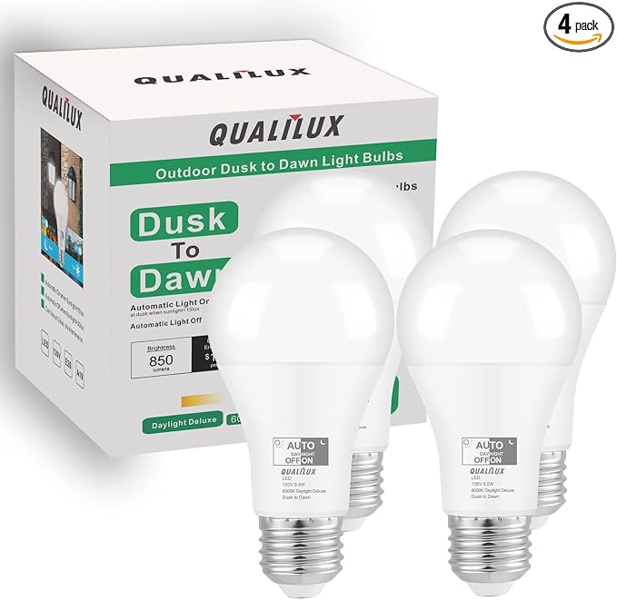 Qualilux Dusk to Dawn A19 LED Light Bulbs Outdoor, 850 Lumen, 60W Equivalent, Daylight Deluxe 6000K, 9.5W, E26 Base, 4-Pack, HQ-H010