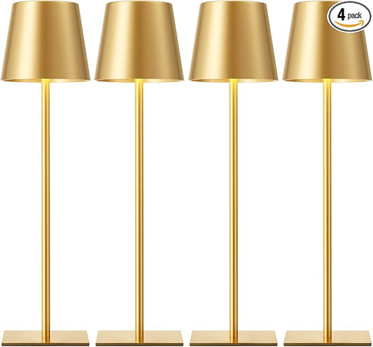 Kakanuo Gold Cordless Rechargeable Table Lamp, 4 Pack Portable Desk Lamp with 5000mAh Battery, Touch Control Stepless Dimming, Wireless Night Light for Dining, Outdoor Camping, Coffee Shop