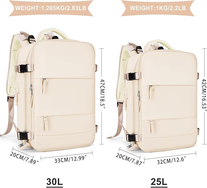 coowoz Large Casual Travel Backpack For Women Men,Carry On Rucksack Flight Approved,Hiking Waterproof Outdoor Sports Daypack Fit 15.6 Inch Laptop Shoes Compartment (Beige)