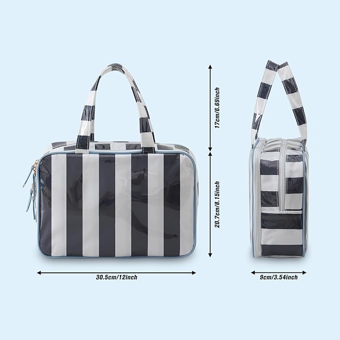 Travel Toiletry Bag for Women, Waterproof Clear Coated Portable Stripe Makeup Cosmetic Bag with Compartment, Travel Organizer for Shampoo, Conditioner, Brushes Set,Cosmetic Accessories(White-Navy)