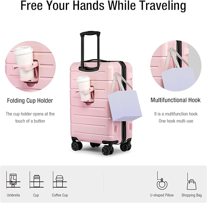 KYME Carry On Luggage 22x14x9 Airline Approved Hardshell Carry On Suitcases with Wheels Travel Rolling 20 Inch Luggage with Cup Holder for Women,Carry-on Pink