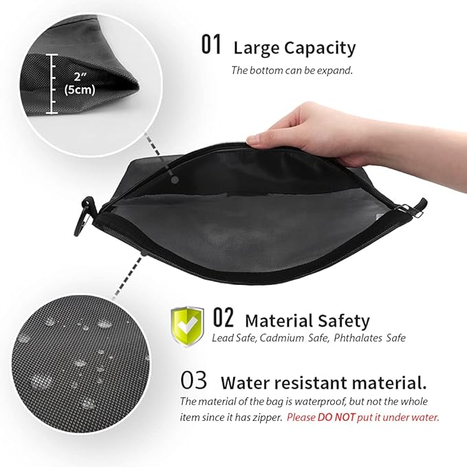 pack all Water-resistant Material Zipper Pouch, Mesh Zipper Bags for Storage, Travel, Office (Black, Large)