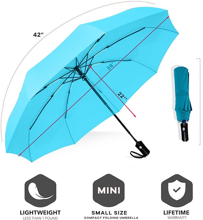 SIEPASA Two Packs Auto Open & Close Small Travel Umbrella Compact for Backpack-Umbrellas for Rain, Lightweight Strong Mini Portable Umbrellas for Men and Women.. (Black & Light Blue, 2 Pack)