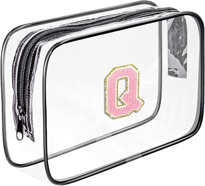 Clear Toiletry Bag,Portable Travel Toiletry Bag,Chenille Letter Cosmetic Bag with Zipper,Waterproof Makeup Bag,Cosmetic Storage Organizer for Women Men,Travel Essentials (Black,Q)
