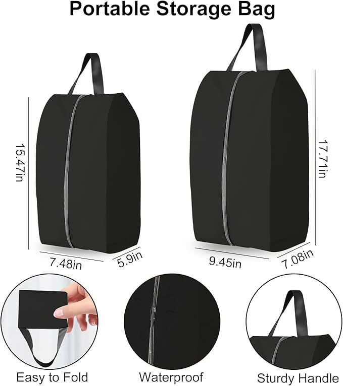 Shoe Bags for Travel Holds 3 Pair of Shoes, Shoe Storage Pouch with 2 Pack Portable Bags, Waterproof & Washable, Black