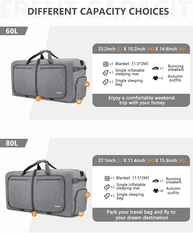 Gonex 40L 60L 80L 100L 150L Large Foldable Travel Duffle Bag with Shoes Compartment, Packable Lightweight Water Repellent Duffel Bag for Camping Gym Weekender Bag