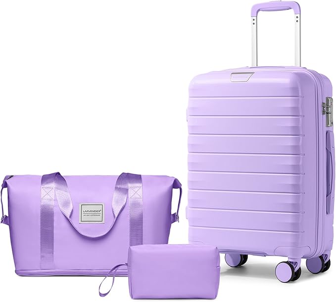 LARVENDER Luggage Sets 3 Piece with Duffel Bag Hardside PP Carry On Suitcase with 360° Spinner Wheels TSA Lock Luggage Sets for Women, Lavender