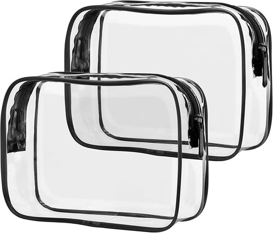 PACKISM Clear Makeup Bags 2 Pack Large, 9.6 Inch Clear Travel Bags for Toiletries, Portable Cosmetic Organizer for Full Size Bottles Checked Luggage & Home Storage, Black