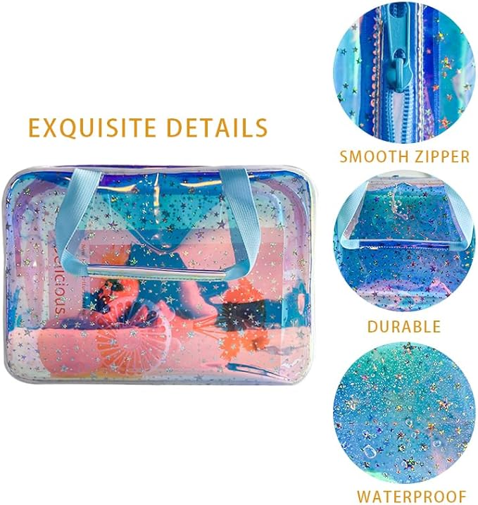 TPU Holographic Blue Clear Star Large Cosmetic Bag and Travel Pouch with Handle,Durable TPU Material,Zipper Design-Ideal for Makeup,Travel Essentials (Holographic Blue)