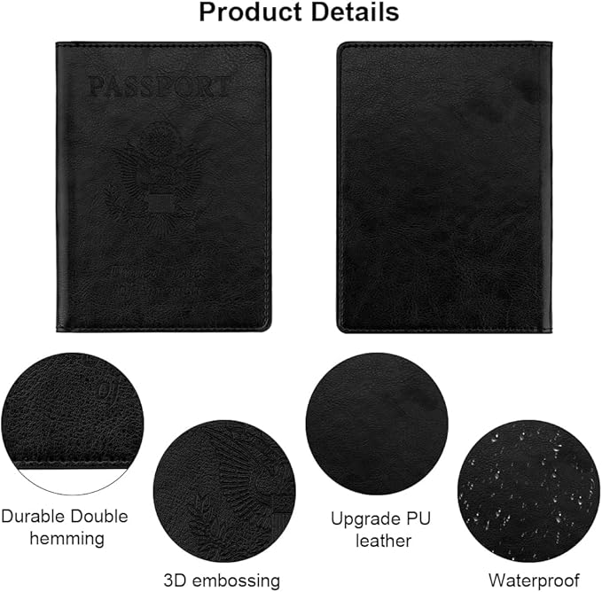 Passport Holder, Travel Must Haves, Men's Black Leather Passport Case with Vaccine Card Slot