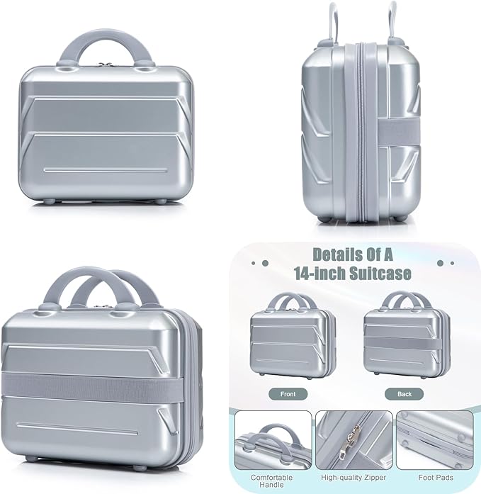 2-Piece ABS Hard Shell Lightweight Carry-On Luggage Set (14" & 20"), 360-Degree Spinner Wheels, Adjustable Telescopic Handle and Combination Lock for Travel, Silver