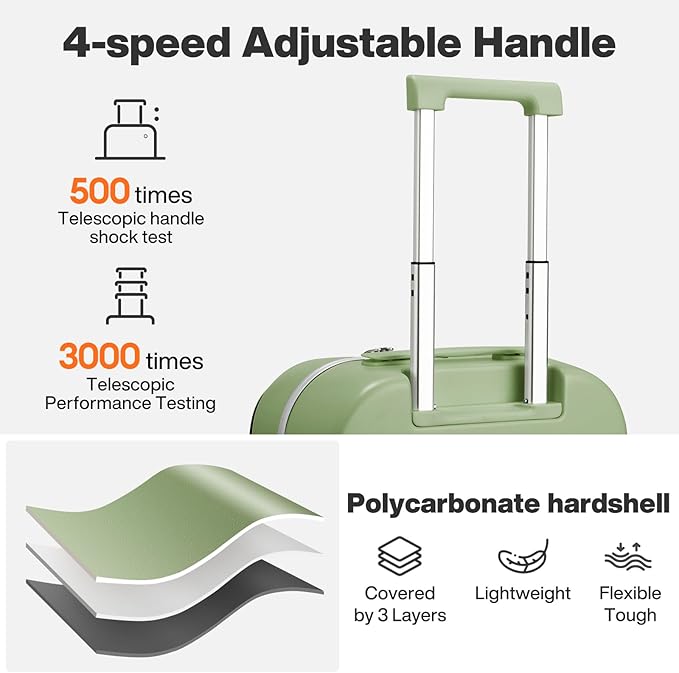 mixi 20 Inch Carry On Luggage 22x14x9 Airline Approved PC Hard Shell Suitcase Top Opening Aluminum Frame Travel Suitcases with Wheels, Avocado Green