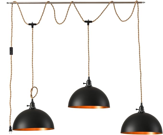 3-Light Hanging Light with Plug in Cord,Plug in Pendant Light 22ft Hemp Rope Pendant Lighting Vintage 3-Light Hanging Lamp Fixtures for Kitchen Island Living Room Bedroom