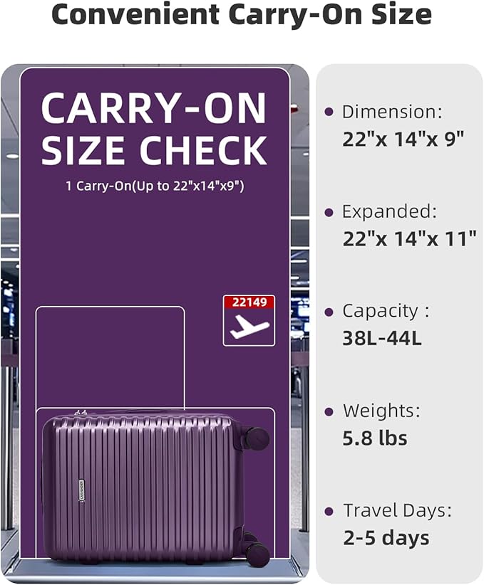 LARVENDER Carry on Luggage 22x14x9 Airline Approved, Expandable 20 Inch Hardside Suitcase with Wheels TSA Lock, PC+ABS Lightweight Carry on Suitcases for Women and Men, Royal Purple (20/DB/TB)