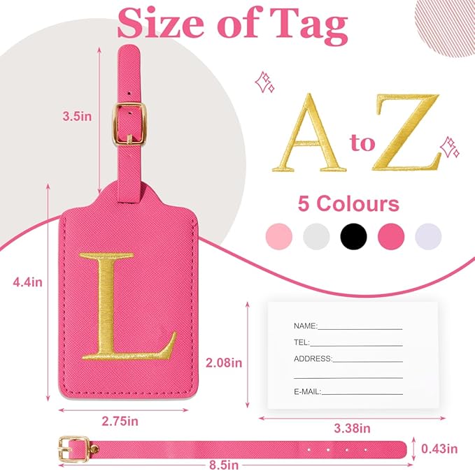 Personalized Initial Luggage Tags for Suitcases,Leather Letter Cute Luggage Tags with Privacy Name Card,Embroidered Monogrammed Travel Bag Backpack Tag Gifts for Women Kids Girls Teens(Rosered-L)