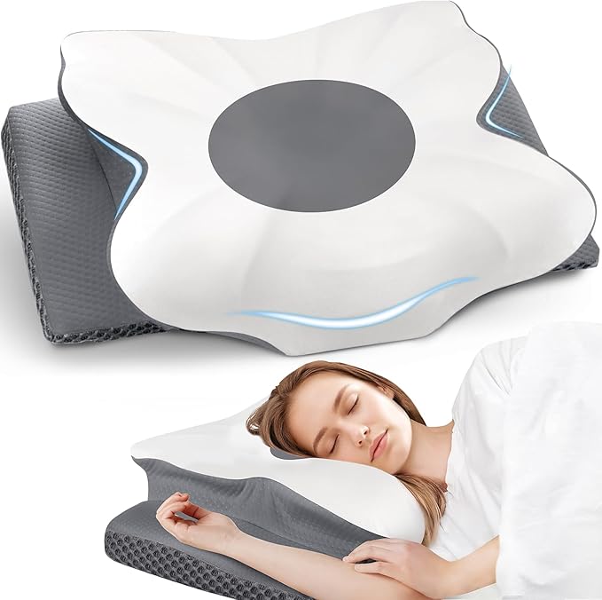 Cervical Neck Pillow for Sleeping – Memory Foam Bed Pillow for Neck Support, Orthopedic Contour for Side & Back Sleepers, Breathable & Cooling Cover, CertiPUR-US Certified, Grey, Queen Size