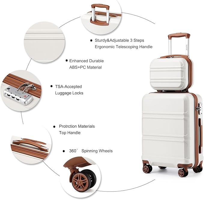 Kono Carry On Luggage Set Airline Approved Lightweight PC+ABS Carry On Suitcase with TSA Lock Spinner Wheels Durable Luggage Hardside White