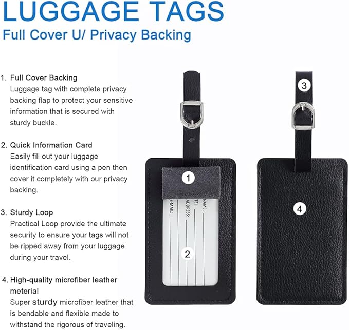 Vigorport Luggage Tags, Leather Personalized Suitcase Tag Set Luggage id Tags Labels Travel Accessories-Set of 4