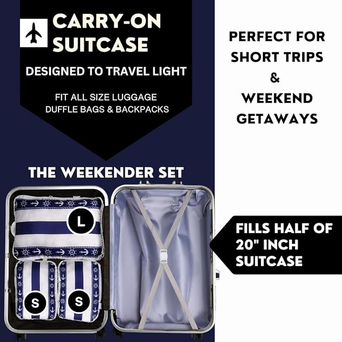 Compression Packing Cubes 3pc Set for Carry On Suitcase & Backpack, Organizer Bags for Kids & Adults, Packing Cubes for Travel 3pc Set - Cabana Stripe Navy