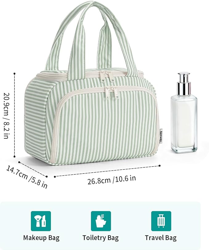 Narwey Striped Travel Toiletry Bag for Women Large Makeup Bag, Wide-open Cosmetic Make Up Organizer with Handle, Travel Bag for Toiletries, Essentials, Accessories (Mint Green Stripe)