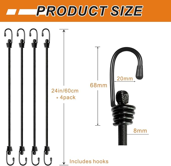 BEXSLE Bungee Cords with Hooks, Heavy Duty Outdoor Elastic Bungee Straps，No Odour Industrial Grade Bungee Rope for Securing Tarps, Luggage, Tents, Bikes or Garden Tidying 24inch 4Pcs (Black)