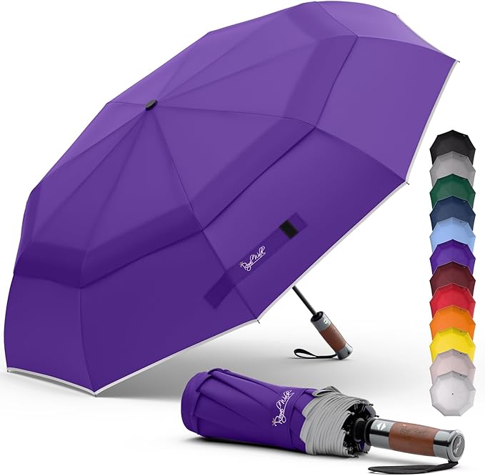 Royal Walk Windproof Folding Travel Umbrella Compact and Strong Luxurious Real Wood Handle Automatic Open Close Vented Double Canopy for Men and Women (Purple)