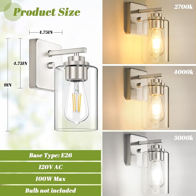Set of 2 Wall Sconces for Bathroom, Brushed Nickel Vanity Light Fixtures | Modern Wall Mount Lighting Lanterns, Farmhouse Wall Lamps with Clear Glass Shade for Bedroom Living Room Mirror Hallway Porch