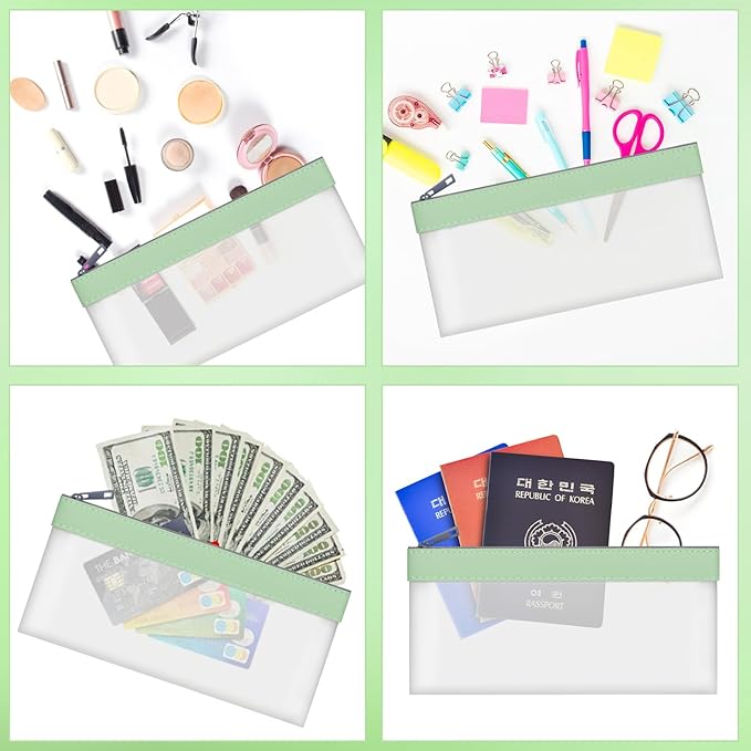 4 Pieces Money Bags With Zipper, Cash Envelopes,7.6 x 3.7 inch Money Pouch, Clear Bank Deposit Bags, Bank Bag, Cash Bag, Money Pouch for Collectors, Multi-Purpose Check Wallet （Green）