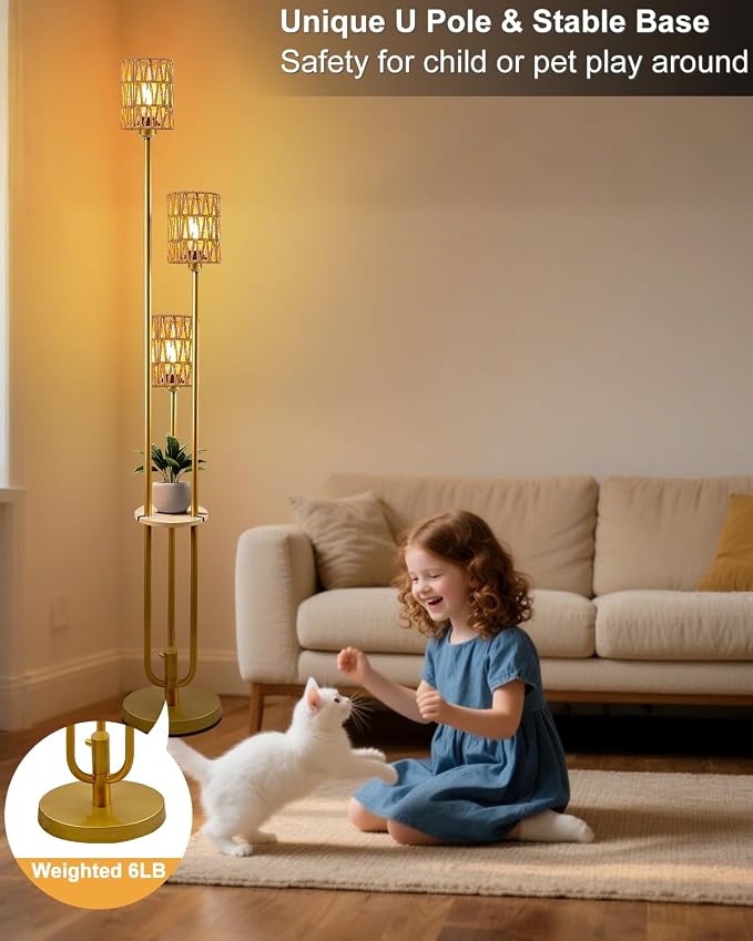 Lightdot Dimmable Boho Floor Lamps with Table 3-Lights Farmhouse Floor Lamp 3000K Warmwhite Bulbs Included Rustic Gold Standing Lamp with 5Lbs Heavy Base for Living Room/Sofa Beside/Corner Decor