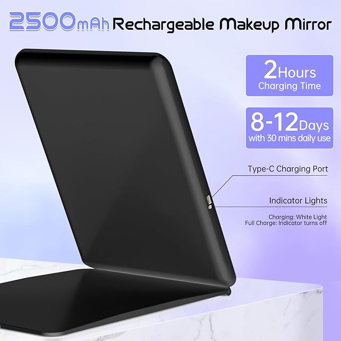 FUNTOUCH 10x7.5 Portable Large Travel Makeup Mirror with Light, 2500mAh Rechargeable Lighted Travel Makeup Mirrors with 3 Color Lights, Dimmable Folding Light Up Make up Mirror with Small 10x Mirror