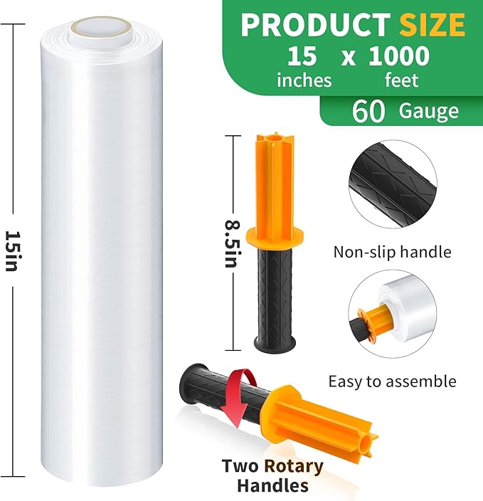 Stretch Film, HERKKA Stretch Wrap with Handles Industrial Strength, Moving Wrapping Plastic Roll, Shrink Wrap for Pallet Wrap, 15" x 1000 Feet, 4 Pack, 60 Gauge
