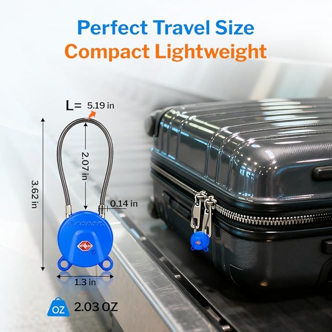 Forge TSA Approved Luggage Locks Ultra-Secure Dimple Key Cable Locks for Travel with Zinc Alloy Body- 2 Blue Locks