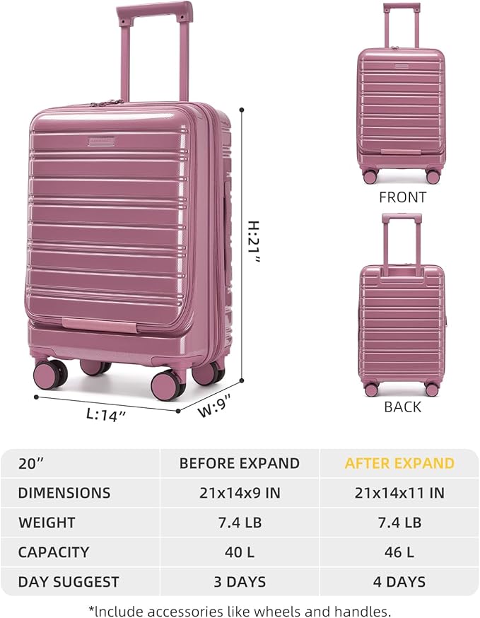 LARVENDER Carry On Luggage 22x14x9 Airline Approved, 20 Inch Expandable PC+ABS Hardside Carry On Luggage with Front Pocket Spinner Wheels TSA Lock for Women Men (Silk Rose)